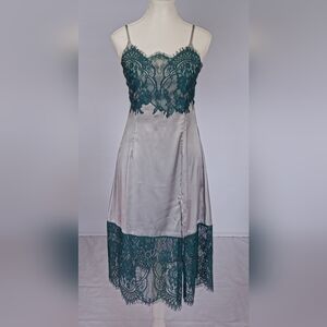 Vintage Silk Blend Slip Dress with Emerald Lace Trim – Made in Bali